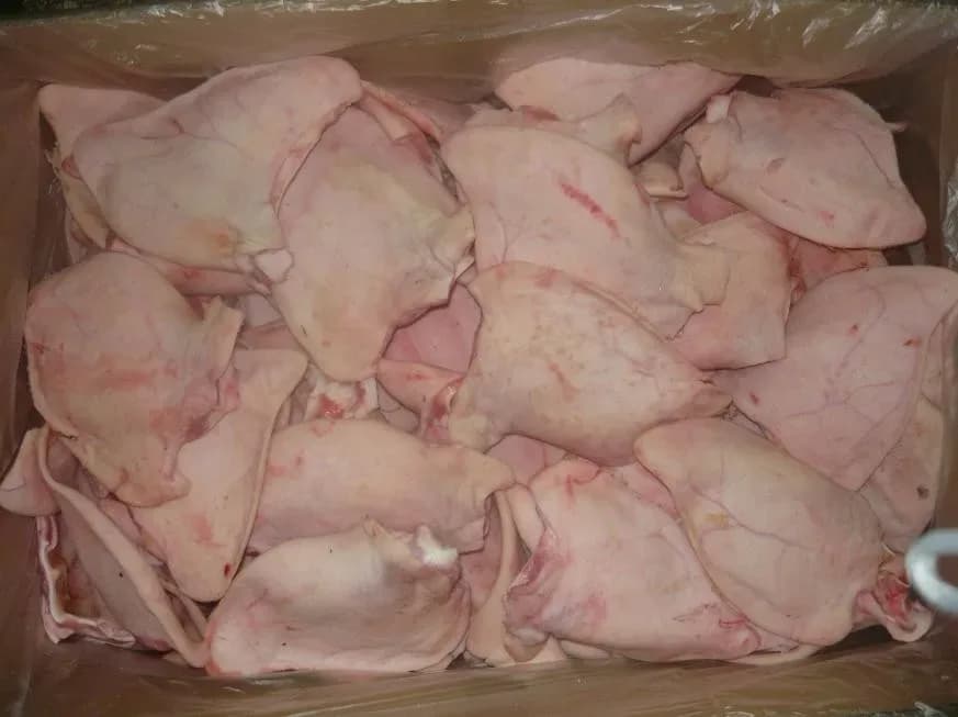 Cleaned pork ears packed in rows inside a poly-lined carton.