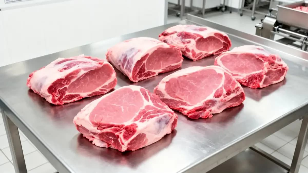 Six bone-in loin pieces arranged on a stainless steel table in a cutting room.