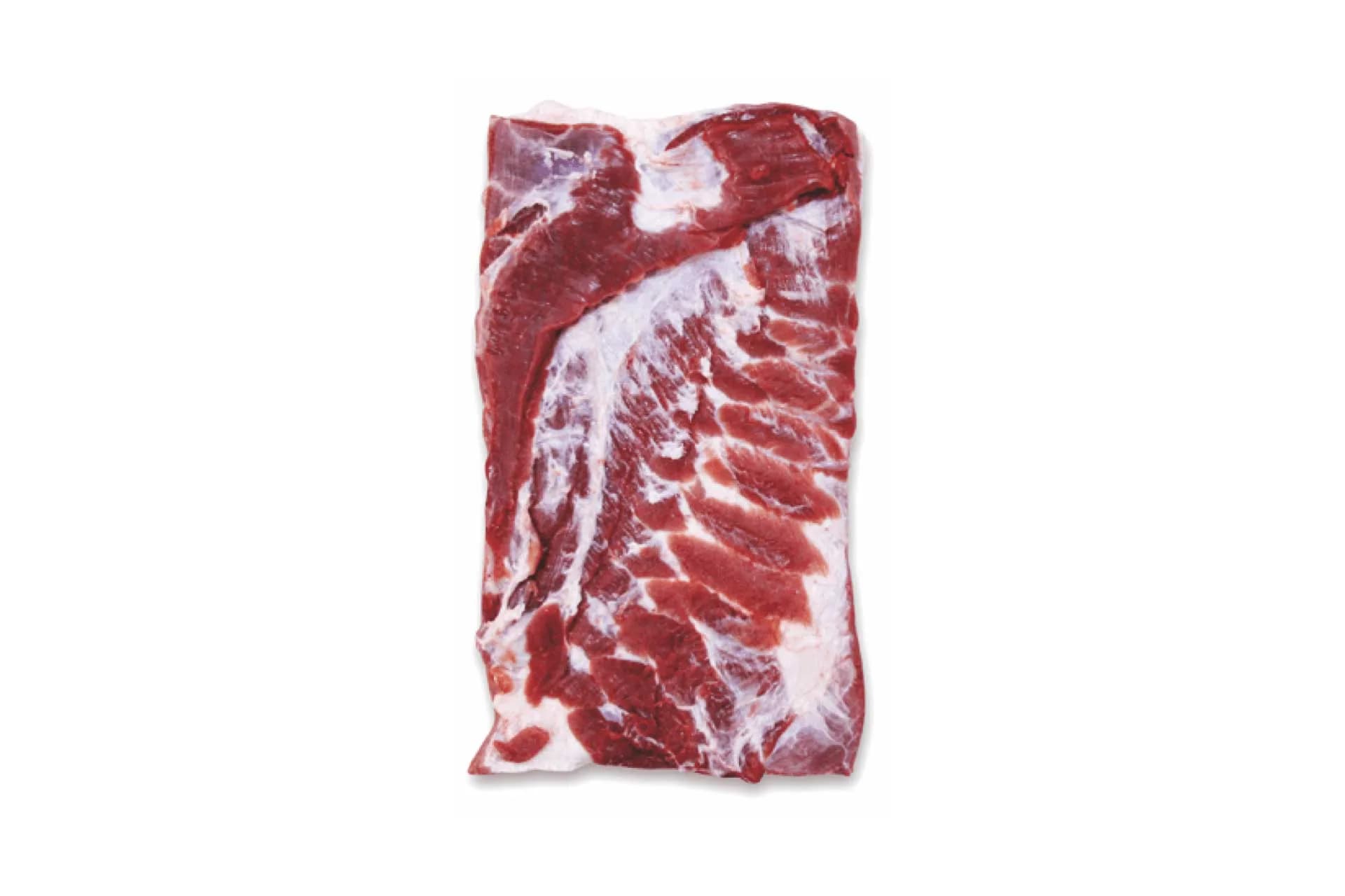 Sheet Ribbed Rind Less Belly (2113), boneless, rindless, photographed on a plain white background.