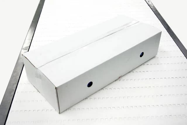 Closed white export carton on a conveyor, with ventilation holes on the long side.