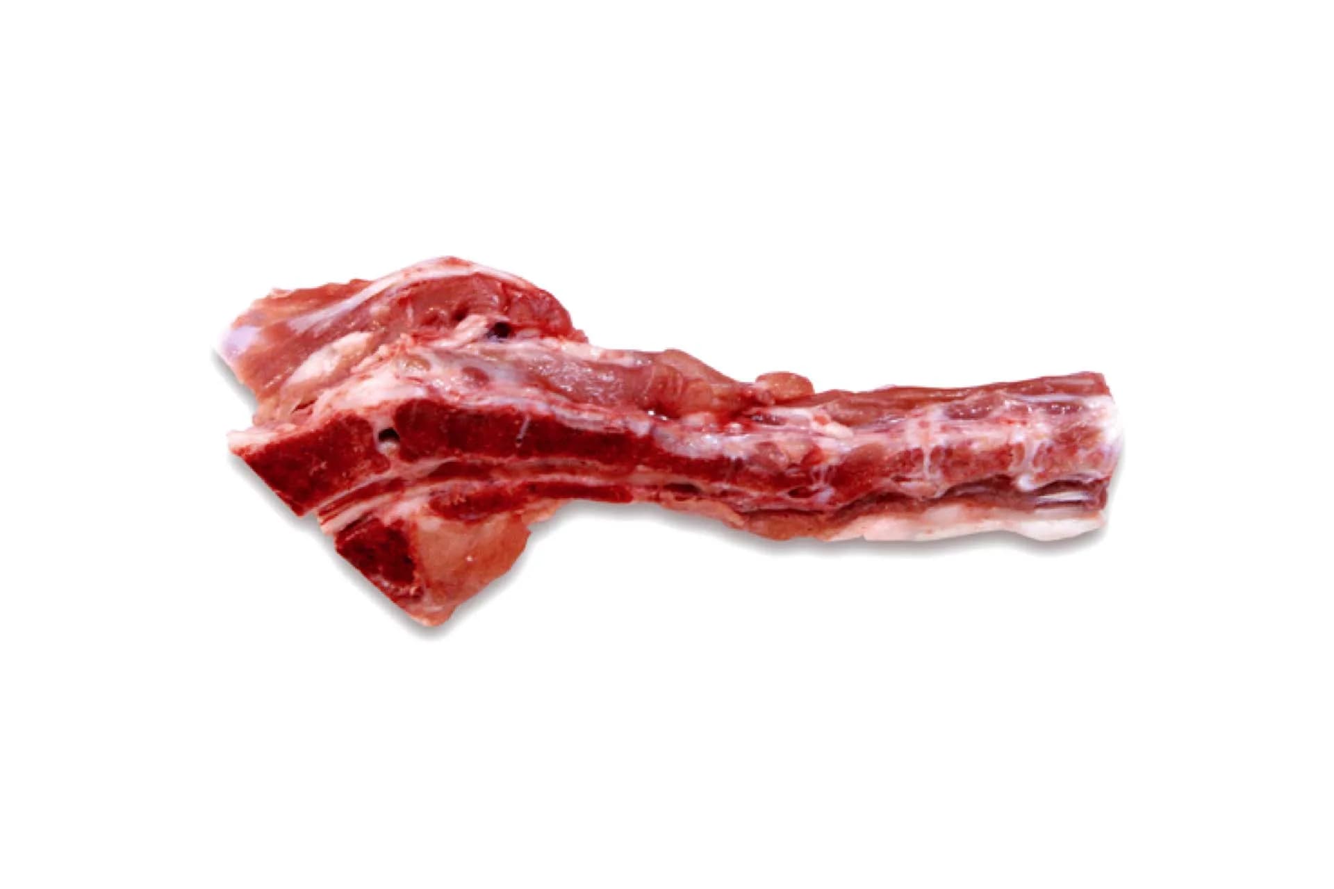 Pork tail bones with residual lean meat, spread on a white surface.