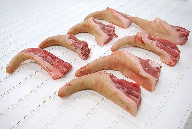 Long-cut pork tails seen at an angle, showing the cut face and the layer of fat and lean along the bone.