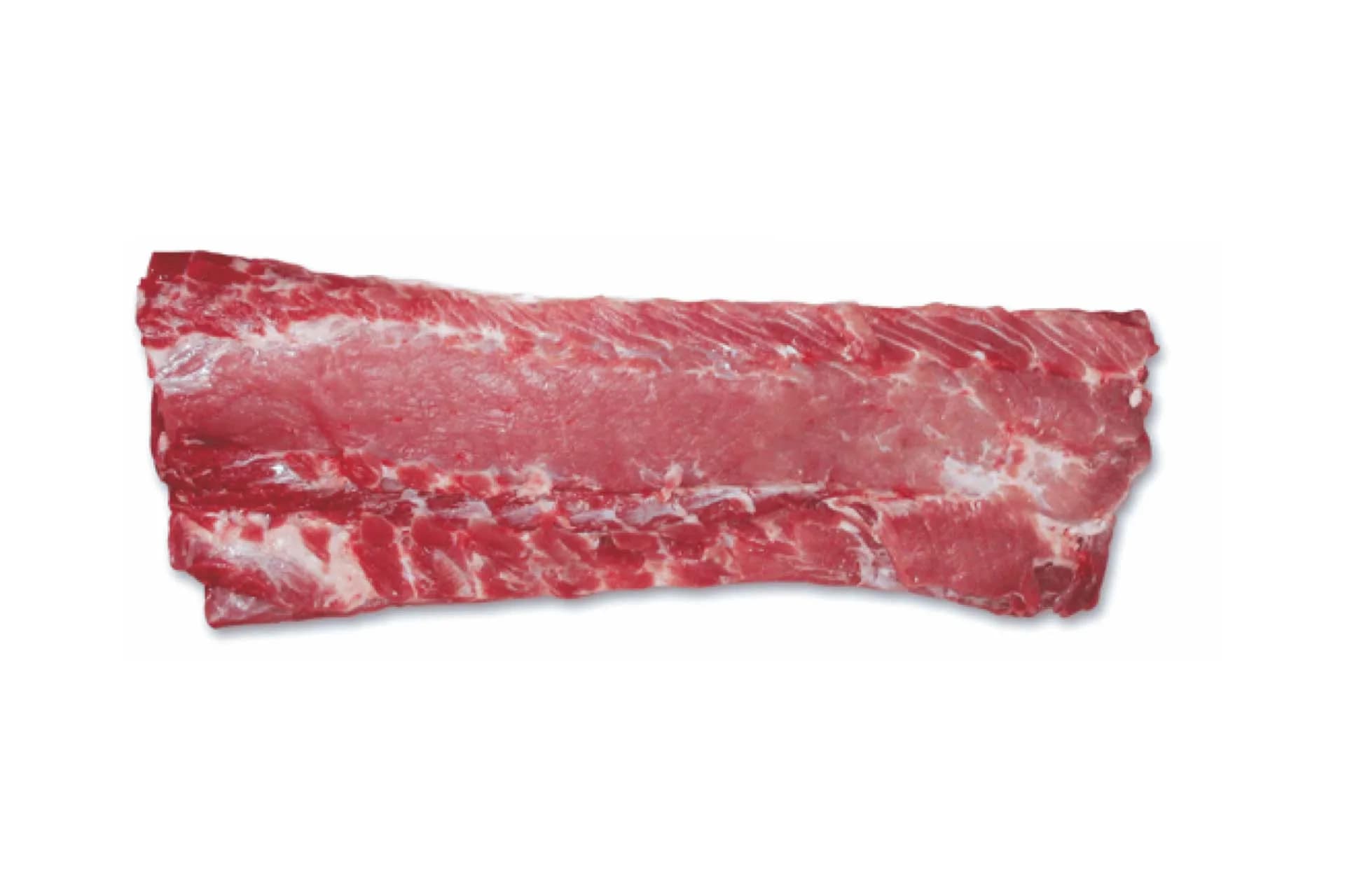 Rind Less Back Bacon (1207), boneless, rindless, photographed on a plain white background.